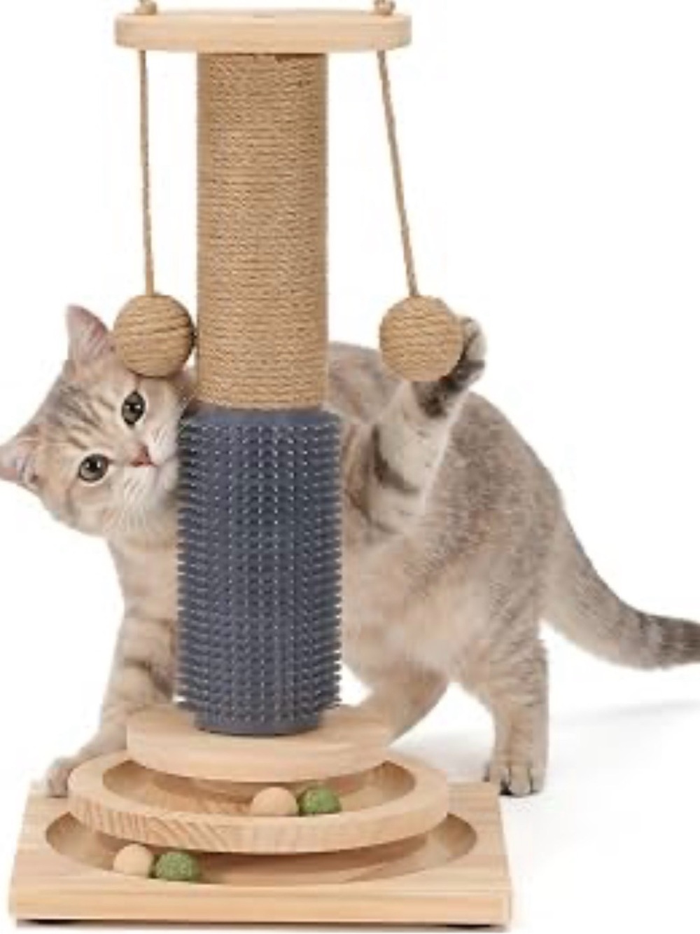 Natural Wood Cat Scratching Post with Gray Grooming Brush and Toy Balls